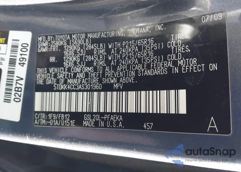 2010 Toyota Sienna Ce из США, поврежденный, VIN 5TDKK4CC3AS301960